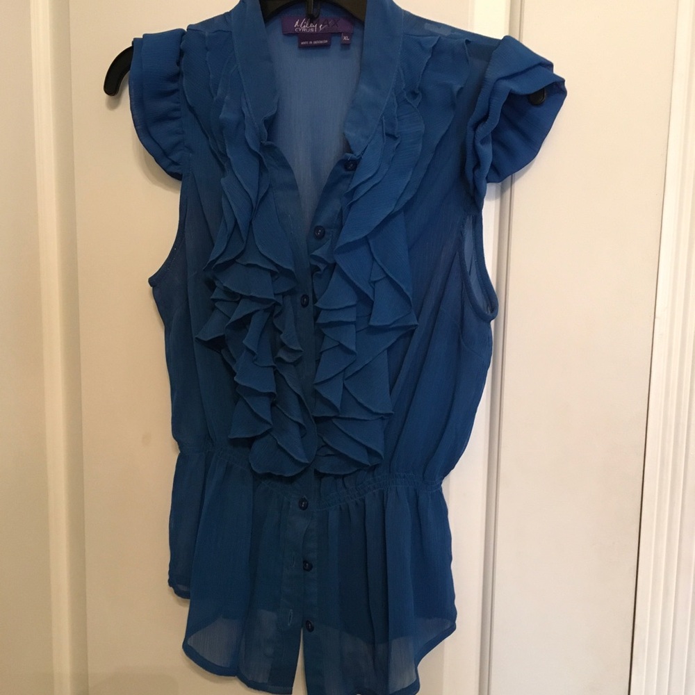 Adelyn Rae Blue Ruffle Front Sleeveless Blouse XL